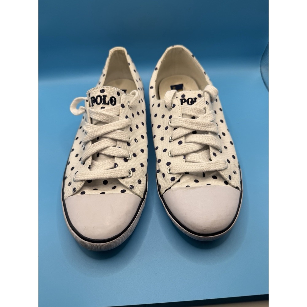 Polo Ralph Lauren Parnell Sneakers Women 9B Polka Dot Canvas White Navy Low Top